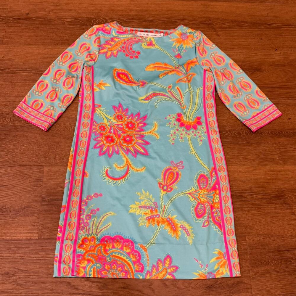 Gretchen Scott Dress L Blue Pink Paisley Floral Shift Tunic 3/4 Sleeve